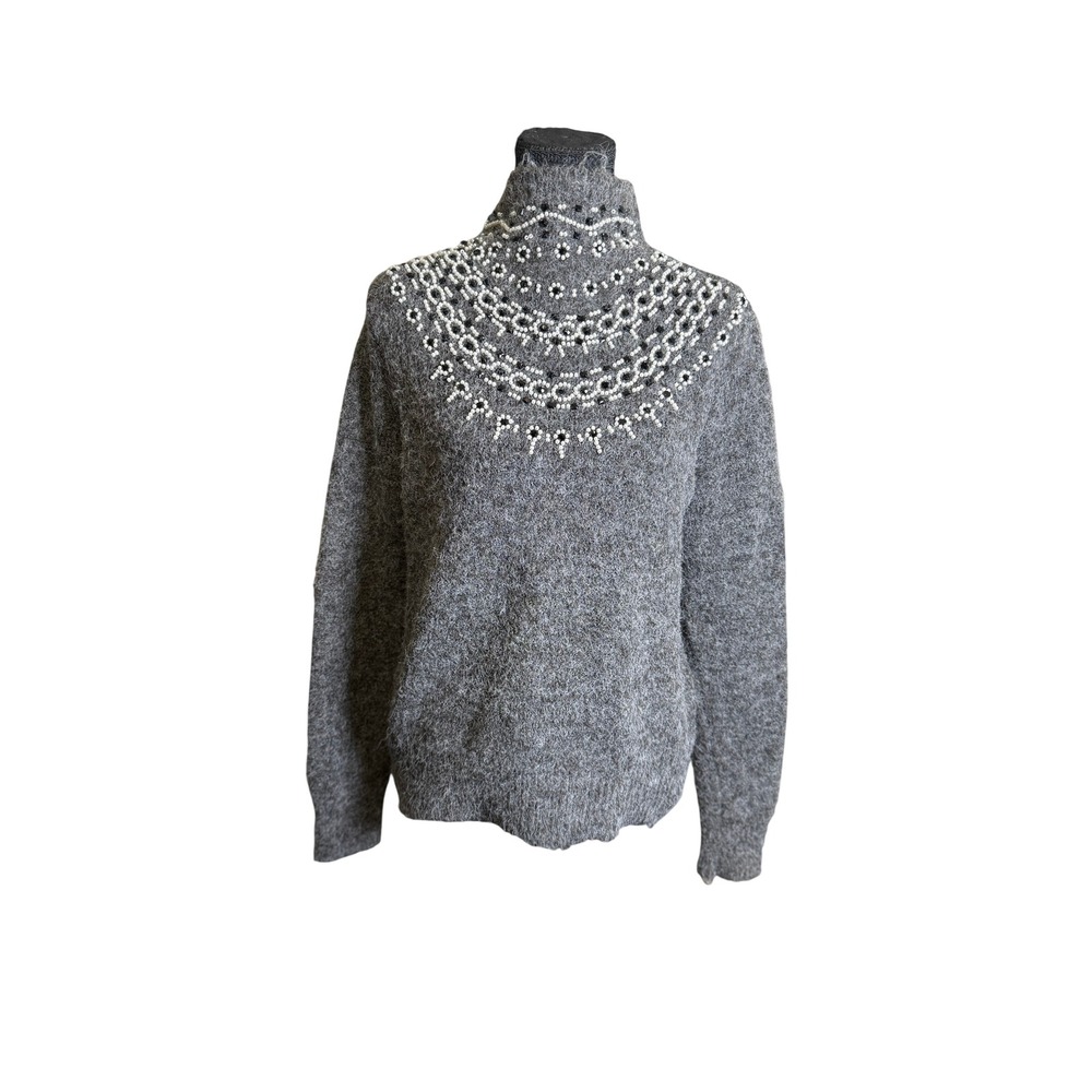Catherine Malandrino Sweater Women M Grey Excellent Beaded Mock Neck Fuzzy Knit